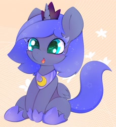 Size: 2750x3000 | Tagged: safe, artist:zokkili, imported from derpibooru, princess luna, alicorn, pony, abstract background, blushing, crown, cute, female, filly, happy, high res, hoof shoes, jewelry, lunabetes, necklace, open mouth, open smile, regalia, sitting, smiling, solo, woona, younger