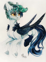 Size: 1728x2304 | Tagged: safe, artist:mithriss, imported from derpibooru, oc, oc only, oc:silvia, pegasus, pony, female, looking back, simple background, solo, traditional art