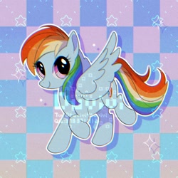 Size: 2000x2000 | Tagged: safe, artist:duvivi, imported from derpibooru, rainbow dash, pegasus, pony, backwards cutie mark, checkered background, chromatic aberration, cute, dashabetes, female, mare, obtrusive watermark, solo, spread wings, stars, watermark, wings