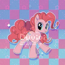 Size: 2000x2000 | Tagged: safe, artist:duvivi, imported from derpibooru, pinkie pie, earth pony, pony, checkered background, chromatic aberration, cute, diapinkes, female, high res, mare, solo, stars