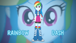 Size: 1280x720 | Tagged: safe, artist:rupahrusyaidi, edit, imported from derpibooru, rainbow dash, equestria girls, boots, clothes, shirt, shoes, skirt, socks, solo