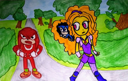 Size: 1280x815 | Tagged: safe, artist:dex stewart, imported from derpibooru, adagio dazzle, equestria girls, disguise, disguised siren, hair, hiding, knuckles the echidna, sega, sonic the hedgehog, sonic the hedgehog (series), traditional art