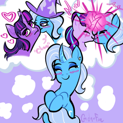 Size: 2000x2000 | Tagged: safe, artist:carconutty, imported from derpibooru, starlight glimmer, trixie, twilight sparkle, alicorn, pony, unicorn, blushing, cheek kiss, curved horn, cute, diatrixes, eyeroll, eyes closed, female, happy, horn, kissing, lesbian, polyamory, shipping, smiling, startrix, trixie gets all the mares, twilight sparkle (alicorn), twixie