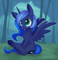 Size: 2886x2988 | Tagged: safe, artist:dusthiel, imported from derpibooru, princess luna, alicorn, pony, :p, chest fluff, cute, female, lunabetes, mare, silly, sitting, smiling, solo, spread wings, tongue out, underhoof, wings