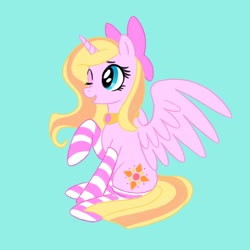 Size: 2000x2000 | Tagged: safe, artist:mediocremare, imported from derpibooru, oc, alicorn, pony, blue background, bow, clothes, female, hair bow, mare, simple background, socks, solo, striped socks