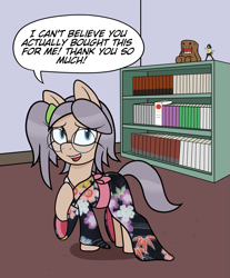 Size: 1041x1257 | Tagged: safe, artist:scraggleman, imported from derpibooru, oc, oc:taku, earth pony, pony, bookshelf, braces, clothes, domo, glasses, kimono (clothing), offscreen character, solo, speech bubble, tomoko kuroki, watamote