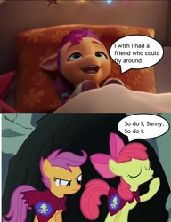 Size: 1056x1372 | Tagged: safe, edit, edited screencap, imported from derpibooru, screencap, apple bloom, scootaloo, sunny starscout, earth pony, pegasus, pony, stare master, spoiler:my little pony: a new generation, angry, apple bloom's bow, bed, blanket, bow, cape, cave, clothes, comic, eyes closed, female, filly, filly sunny starscout, foal, g4, g5, hair bow, looking at someone, looking up, my little pony: a new generation, raised hoof, scootaloo can't fly, scootaloo is not amused, screencap comic, sleepy, speech bubble, text, this will end in pain, this will not end well, unamused, younger
