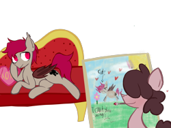 Size: 2000x1500 | Tagged: safe, artist:alandisc, imported from derpibooru, oc, oc:alansin, oc:mxmx, bat pony, pony, badly drawn, bat wings, blushing, canvas, couch, draw me like one of your french girls, gay, hair covering face, heart, male, no pupils, oc x oc, paintbrush, painting, pillow, shipping, simple background, transparent background, wings