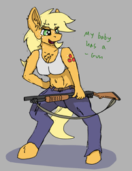 Size: 1551x1998 | Tagged: safe, artist:reddthebat, imported from derpibooru, applejack, anthro, earth pony, unguligrade anthro, belly button, breasts, busty applejack, chest fluff, ear fluff, female, freckles, gun, mare, shotgun, solo, weapon