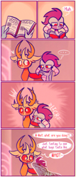 Size: 546x1280 | Tagged: safe, artist:sockiepuppetry, imported from derpibooru, princess ember, thorax, changedling, changeling, dragon, lizard, ..., book, comic, dialogue, embrax, female, floppy ears, heart, king thorax, licking, live action, male, reading, shipping, shocked, speech bubble, straight, tongue out