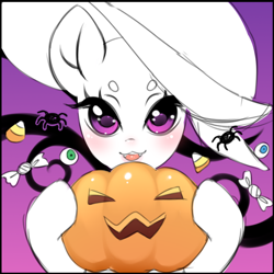 Size: 660x661 | Tagged: safe, artist:miioko, imported from derpibooru, oc, oc only, earth pony, pony, blushing, candy, commission, earth pony oc, eyelashes, food, gradient background, halloween, hat, holiday, jack-o-lantern, pumpkin, solo, your character here