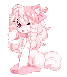 Size: 1632x1866 | Tagged: safe, artist:miioko, imported from derpibooru, oc, oc only, earth pony, pony, :p, braid, clothes, commission, drinking, eyelashes, female, mare, one eye closed, paw pads, paw socks, simple background, sitting, socks, solo, tongue out, transparent background, wink, ych result