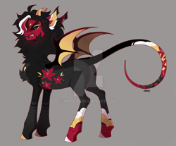 Size: 1024x848 | Tagged: safe, artist:miioko, imported from derpibooru, oc, oc only, demon, demon pony, pony, bat wings, deviantart watermark, gray background, horns, obtrusive watermark, simple background, solo, watermark, wings