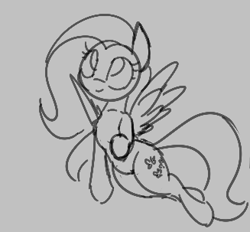 Size: 327x303 | Tagged: safe, artist:firecracker, fluttershy, pegasus, pony, aggie.io, female, flying, lowres, mare, monochrome, simple background, smiling, spread wings, wings