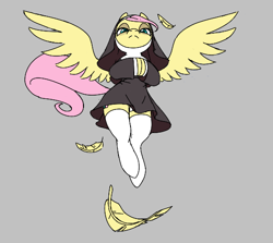 Size: 546x486 | Tagged: safe, fluttershy, pegasus, pony, aggie.io, clothes, feather, female, frown, looking down, mare, nun, simple background, spread wings, stockings, thigh highs, wings