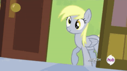 Size: 640x360 | Tagged: safe, imported from derpibooru, screencap, derpy hooves, pegasus, pony, rainbow falls, season 4, all new, animated, cute, derpabetes, derpy's flag, female, flag, flag waving, folded wings, gif, hoof hold, hooves, hub logo, logo, mare, open mouth, open smile, smiling, solo, standing, text, the hub, wall eyed, wings