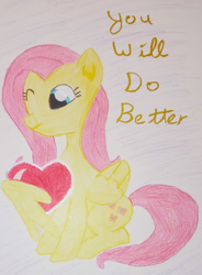 Size: 1755x2391 | Tagged: safe, artist:averkoswolf, derpibooru exclusive, imported from derpibooru, fluttershy, pegasus, pony, colored pencil drawing, female, g4, heart, high res, mare, one eye closed, positive message, sitting, smiling, solo, text, traditional art, wing hold, wings