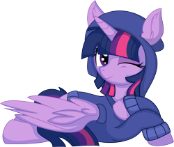 Size: 7357x6218 | Tagged: safe, artist:cyanlightning, imported from derpibooru, twilight sparkle, alicorn, pony, .svg available, absurd resolution, clothes, cute, female, hoodie, lying down, mare, one eye closed, prone, simple background, smiling, solo, spread wings, transparent background, twiabetes, twilight sparkle (alicorn), vector, wings, wink