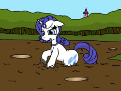 Size: 1280x960 | Tagged: safe, artist:deviationinator, imported from derpibooru, rarity, pony, unicorn, duo, forest, jewelry, mud, necklace, quicksand, rarity is not amused, sinking, stuck, unamused