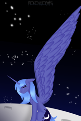 Size: 1148x1709 | Tagged: safe, artist:revenge.cats, imported from derpibooru, princess luna, alicorn, pony, chest fluff, crying, eyes closed, impossibly large wings, large wings, lineless, moon, on the moon, s1 luna, solo, space, stars, wing fluff, wings