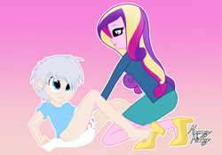 Size: 2360x1640 | Tagged: safe, artist:mommymidday, imported from derpibooru, princess cadance, oc, oc:andy, human, equestria girls, equestria girls series, cardigan, clothes, dean cadance, diaper, diaper change, diaper fetish, eyeshadow, fetish, gradient background, high heels, kneeling, long hair, lying down, makeup, non-baby in diaper, pencil skirt, shoes, show accurate, signature, simple background, sitting up, skirt