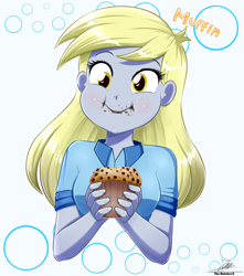 Size: 2408x2720 | Tagged: safe, artist:the-butch-x, imported from derpibooru, derpy hooves, human, equestria girls, background human, clothes, cute, derpabetes, female, food, muffin, shirt, simple background, solo, white background