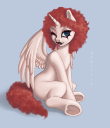 Size: 1137x1323 | Tagged: safe, alternate version, artist:gabrilis, imported from derpibooru, oc, oc:rosiesquish, alicorn, pony, curly hair, lipstick, makeup, solo, tongue out