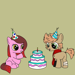 Size: 2500x2500 | Tagged: safe, artist:tenebris, imported from derpibooru, oc, oc only, oc:cherry bottom, oc:himmel, earth pony, pony, bandage, birthday, birthday cake, cake, clothes, colt, earth pony oc, foal, food, gloves, hat, male, party hat, scarf, simple background