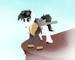 Size: 1500x1200 | Tagged: safe, artist:kathepart, imported from derpibooru, oc, oc only, original species, pegasus, plane pony, pony, abstract background, black hair, blue eyes, clothes, cloud, cloudy, coat, goggles, male, oc name needed, pegasus oc, plane, rock, solo, stallion