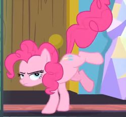 Size: 1067x991 | Tagged: safe, imported from derpibooru, screencap, pinkie pie, earth pony, pony, ail-icorn, spoiler:interseason shorts, badass, blue eyes, cropped, death stare, door, epic, glare, glaring daggers, kick, kicking, lidded eyes, pinkie pie is not amused, serious, serious face, solo, twilight's bedroom, twilight's castle, unamused