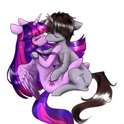 Size: 1080x1080 | Tagged: safe, imported from derpibooru, twilight sparkle, oc, oc:dawn an an, alicorn, pony, canon x oc, female, kissing, lesbian, simple background, twilight sparkle (alicorn), white background