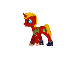 Size: 3320x2600 | Tagged: safe, imported from derpibooru, oc, oc only, oc:coulagi, changeling, pony, unicorn, pony creator, boots, changeling oc, clothes, disguise, disguised changeling, happy, male, raised hoof, shoes, simple background, solo, white background