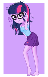 Size: 1745x2818 | Tagged: safe, artist:kingdark0001, imported from derpibooru, sci-twi, twilight sparkle, human, equestria girls, barefoot, clothes, feet, female, frazzled hair, glasses, high res, looking at you, looking back, looking back at you, missing shoes, show accurate, smiling, solo