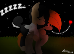 Size: 2862x2088 | Tagged: safe, artist:fededash, imported from derpibooru, oc, oc:fededash, oc:pandauwu, pegasus, pony, heart, hug, lamp, night, pegasus oc, sleeping, stars