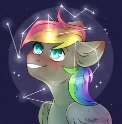 Size: 2004x2048 | Tagged: safe, imported from derpibooru, oc, oc only, oc:dark rainbow, pegasus, pony, blue eyes, blushing, constellation, cute, cutie mark, cutie mark background, male, solo, space, stallion, stars