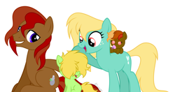 Size: 5064x2675 | Tagged: safe, artist:feather_bloom, imported from derpibooru, oc, oc only, oc:cocoa butter, oc:gingerpop, oc:melody waves, oc:prana root, earth pony, pony, family, female, filly, foal, freckles, hair over eyes, kids, pacifier, ruffled hair, simple background, white background