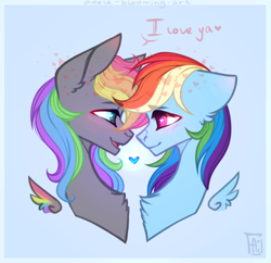 Size: 360x349 | Tagged: safe, artist:adele-blooming-art, imported from derpibooru, rainbow dash, oc, oc:dark rainbow, pegasus, pony, blue background, bust, canon x oc, colored wings, commission, darsh, duo, eye contact, female, floating wings, heart, i love you, looking at each other, looking at someone, male, mare, multicolored wings, pegasus oc, rainbow wings, shipping, simple background, smiling, stallion, straight, wings, ych result