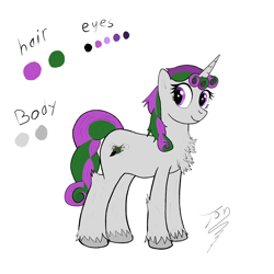 Size: 2550x2550 | Tagged: safe, artist:rachel_rascal, imported from derpibooru, oc, oc only, oc:rachel rascal, pony, unicorn, braid, braided tail, chest fluff, curly hair, cute, cutie mark, female, fluffy, green hair, leg fluff, mare, multicolored mane, multicolored tail, purple hair, reference sheet, simple background, solo, tail, white background