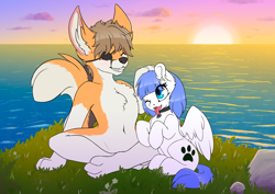 Size: 3508x2480 | Tagged: safe, artist:wbp, imported from derpibooru, oc, oc only, oc:snow pup, anthro, pegasus, pony, duo, eyepatch, furry, horizon, ocean, outdoors, pet tag, sitting, sun, sunset, tongue out, water