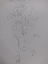 Size: 3120x4160 | Tagged: safe, artist:lewis20, imported from derpibooru, sour sweet, human, equestria girls, arm behind head, bedroom eyes, bunny ears, bunny suit, clothes, cute, easter, female, holiday, looking at you, sexy, solo, sourbetes, traditional art