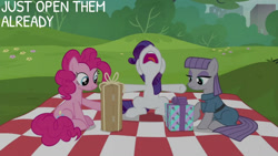 Size: 1280x720 | Tagged: safe, edit, edited screencap, editor:quoterific, imported from derpibooru, screencap, maud pie, pinkie pie, rarity, earth pony, pony, unicorn, season 6, the gift of the maud pie, female, mare, nose in the air, open mouth, picnic blanket, present, text, trio