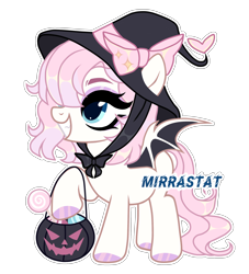 Size: 2000x2200 | Tagged: safe, artist:mirrastat, imported from derpibooru, oc, oc only, bat pony, pony, base used, bat pony oc, bat wings, bow, eyelashes, female, hat, hoof polish, mare, pumpkin bucket, simple background, solo, transparent background, wings, witch hat