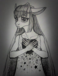 Size: 1690x2227 | Tagged: safe, artist:pessadie, imported from derpibooru, oc, oc only, anthro, clothes, female, grayscale, horns, monochrome, solo, traditional art