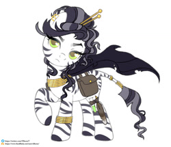 Size: 1280x1103 | Tagged: safe, artist:elberas, imported from derpibooru, oc, oc only, zebra, bag, base used, bracelet, ear piercing, earring, eyelashes, female, frown, hairpin, jewelry, leonine tail, mare, neck rings, piercing, raised hoof, saddle bag, simple background, solo, tail, white background, zebra oc