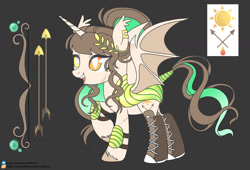 Size: 1280x868 | Tagged: safe, artist:elberas, imported from derpibooru, oc, oc only, alicorn, bat pony, bat pony alicorn, pony, arrow, base used, bat pony oc, bat wings, bow (weapon), dark background, eyelashes, female, heterochromia, horn, laurel wreath, mare, reference sheet, solo, wings