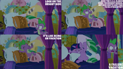 Size: 1280x720 | Tagged: safe, edit, edited screencap, editor:quoterific, imported from derpibooru, screencap, spike, twilight sparkle, alicorn, dragon, pony, school daze, season 8, spoiler:s08, bed, cute, duo, duo male and female, eyes closed, female, male, mare, open mouth, open smile, pillow, smiling, spikabetes, text, twilight sparkle (alicorn), twilight's castle