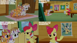 Size: 1280x720 | Tagged: safe, edit, edited screencap, editor:quoterific, imported from derpibooru, screencap, apple bloom, noi, scootaloo, sweetie belle, earth pony, pegasus, pony, unicorn, ponyville confidential, season 2, ^^, adorabloom, apple bloom's bow, bow, camera, clubhouse, crusaders clubhouse, cute, cutie mark crusaders, eyes closed, female, filly, foal, hair bow, mud, newspaper, open mouth, open smile, smiling, text