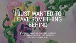 Size: 1280x720 | Tagged: safe, edit, editor:quoterific, idw, imported from derpibooru, fluttershy, twilight sparkle, alicorn, pegasus, pony, duo, female, mare, smiling, text, the vines that bind, twilight sparkle (alicorn), vine