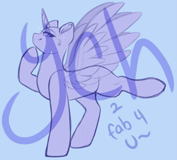 Size: 2095x1905 | Tagged: safe, artist:purplegrim40, imported from derpibooru, oc, oc only, alicorn, pony, alicorn oc, blue background, commission, horn, raised hoof, simple background, smiling, solo, wings, your character here