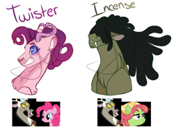 Size: 1600x1200 | Tagged: safe, artist:purplegrim40, imported from derpibooru, discord, pinkie pie, tree hugger, oc, draconequus, earth pony, pony, bust, clothes, draconequus oc, dreadlocks, female, grin, hair over eyes, headscarf, interspecies offspring, male, mare, offspring, parent:discord, parent:pinkie pie, parent:tree hugger, parents:discopie, scarf, simple background, smiling, white background